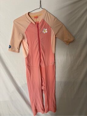 Girls' Peach & Light Peach Zip-Front Rashguard Swimsuit with Daisy